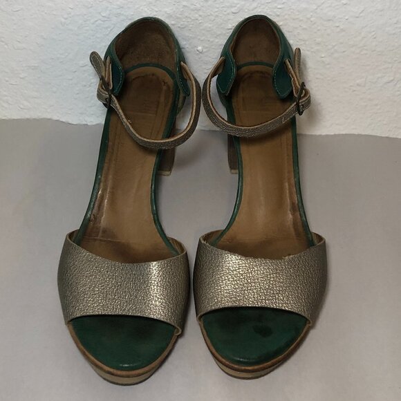 KUPURI Heels Women's Size US7.5 Green Silver Anthropologie Peep Toe Slingback - Picture 5 of 14